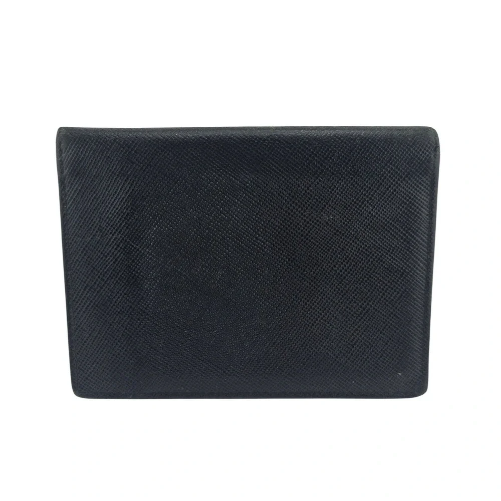 Prada Saffiano Leather Bifold Card Holder Wallet Black Triangle Logo ID Window